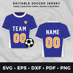 May include: Blue soccer jersey with white trim, orange accents, and the word "TEAM" above the number "00". A soccer ball is next to the jersey. The text "EDITABLE SOCCER JERSEY" is at the top.