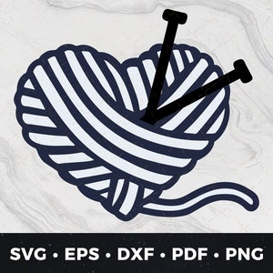 May include: A black and white illustration of a heart-shaped ball of yarn with two knitting needles sticking out of it. The yarn is striped and the needles are thin.