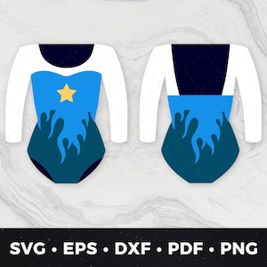 Puede incluir: Un diseño de maillot azul y blanco con un gráfico de estrella y llama. El maillot tiene mangas largas blancas y cuello redondo. El diseño se muestra desde el frente y la espalda. La parte inferior de la imagen incluye el texto "SVG • EPS • DXF • PDF • PNG".