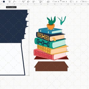 May include: A stack of colourful books with a small potted plant on top. The books are arranged in a tower with the plant on the top book. The books are all different sizes and have different designs. The plant is green and has a brown pot. The books are sitting on a brown surface.