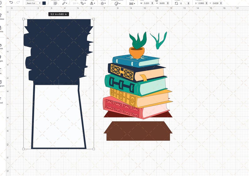 May include: A stack of colourful books with a small potted plant on top. The books are arranged in a tower with the plant on the top book. The books are all different sizes and have different designs. The plant is green and has a brown pot. The books are sitting on a brown surface.