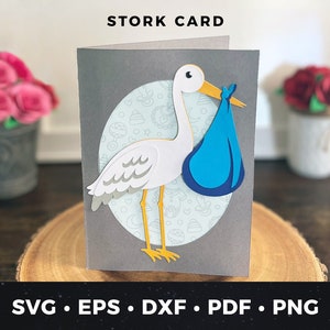 Storch Kartenvorlage, neue Babykarte, Baby Karten-Download, DIY Storch Karte, DIY Babypartykarte svg, Baby svg, Storch svg, Storch New Baby Card
