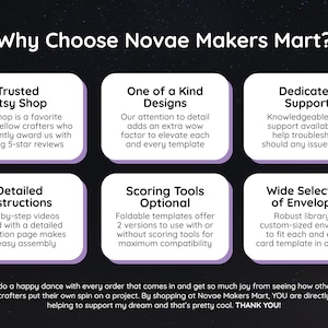 Op de afbeelding: Een grafische afbeelding met de tekst "Why Choose Novae Makers Mart?" toont redenen om daar te winkelen, waaronder een vertrouwde Etsy-winkel, unieke ontwerpen, toegewijde ondersteuning, gedetailleerde instructies, scoretools en een brede selectie enveloppen.