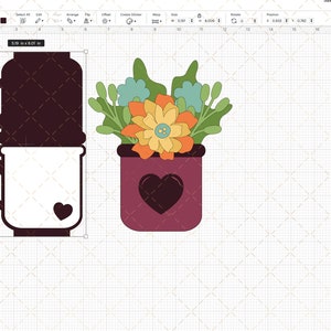 May include: A set of two coffee mugs with a heart design, one white and one black, next to a flower pot with a heart design. The flower pot is filled with a bouquet of flowers in shades of green, yellow, orange, and blue.