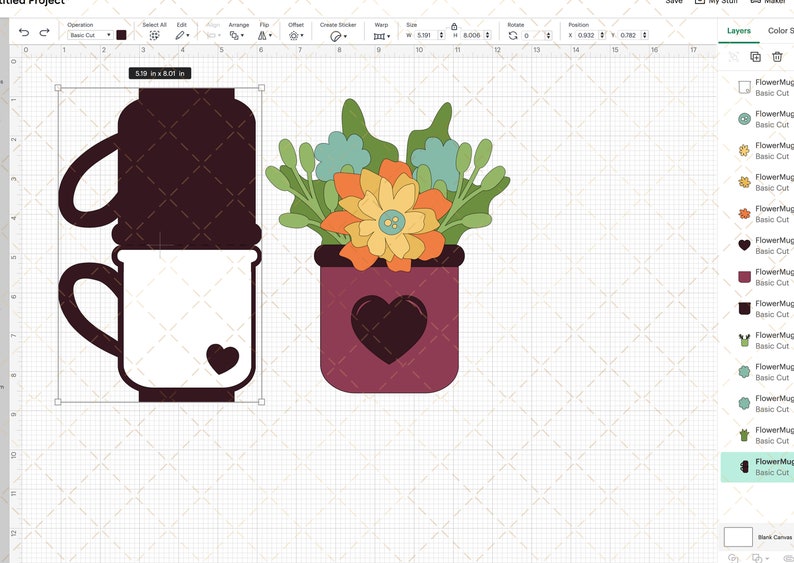 May include: A set of two coffee mugs with a heart design, one white and one black, next to a flower pot with a heart design. The flower pot is filled with a bouquet of flowers in shades of green, yellow, orange, and blue.