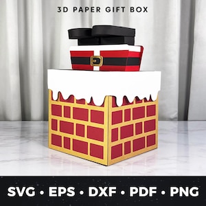 May include: A 3D paper gift box designed as a chimney. The box is red with gold detailing, topped with white 'snow' and a Santa-themed box. The image includes the text '3D PAPER GIFT BOX' and file type options: SVG, EPS, DXF, PDF, and PNG.