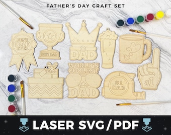 父の日オーナメントセット レーザーSVG、お父さんへのギフトカットファイル、子供向け父の日クラフト、レーザー木製オーナメント、お父さんへのホリデーデコレーション