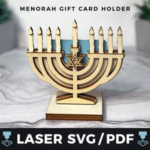 Menorah Geschenkkartenhalter Laser SVG, Chanukka Geschenkkartenhalter PDF, Menorah Cut File, Laser Holz Menorah Andenken, Chanukka Geschenkkarte svg