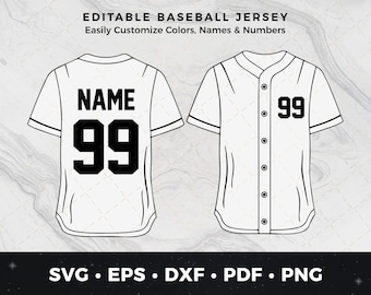 Camiseta de béisbol personalizada svg png pdf dxf eps, Clipart de béisbol, Archivo de corte de béisbol, Impresión de béisbol DIY, Camiseta con nombre y número personalizados