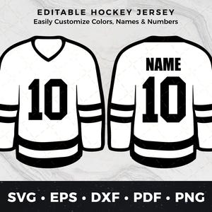 Op de afbeelding: Bewerkbare hockeytrui sjabloon met zwart-wit ontwerp. De trui heeft een zwart nummer "10" op de voor- en achterkant. De tekst "NAME" staat boven het nummer op de achterkant van de trui.