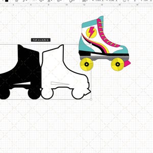 May include: A black and white outline of a roller skate with a colorful roller skate above it. The colorful roller skate is blue, white, pink, and yellow with a lightning bolt design.