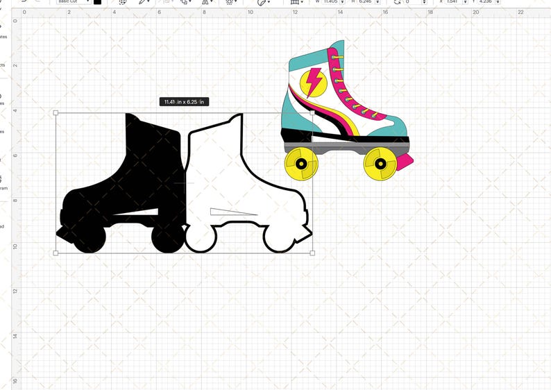 May include: A black and white outline of a roller skate with a colorful roller skate above it. The colorful roller skate is blue, white, pink, and yellow with a lightning bolt design.