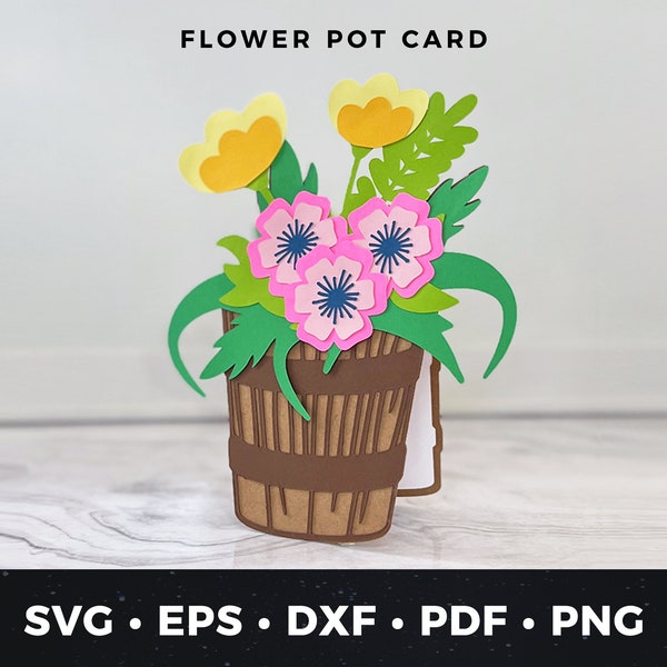 Pot de fleur carte svg, carte de voeux fleur fichier coupé, fleur carte de remerciement svg, bricolage carte de bien-être svg, carte d'anniversaire florale mignonne svg eps pdf