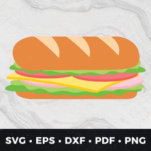 Puede incluir: Una ilustración vectorial de un sándwich. El sándwich tiene un exterior de pan naranja con cortes de pan beige en la parte superior. En el interior hay capas de lechuga verde, queso amarillo, tomate rojo y jamón rosa. El texto en la parte inferior: SVG • EPS • DXF • PDF • PNG.