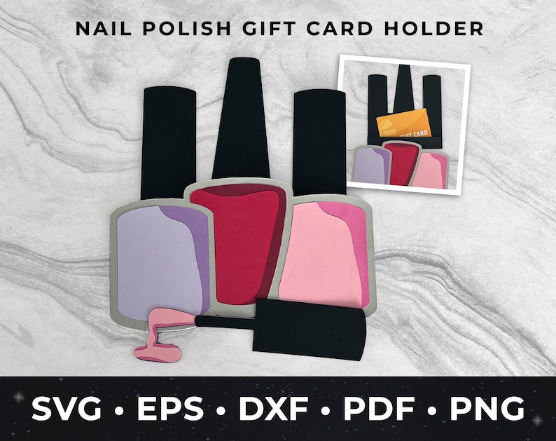 May include: Three nail polish bottles in purple, red, and pink with black lids. The bottles are arranged in a row with the red bottle in the middle. The bottles are on a white marble background. The image also includes a small card holder with a gift card inside.
