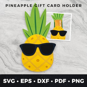 May include: A yellow pineapple with a green leafy top and black sunglasses. The pineapple is holding a gift card that says "Gift Card".