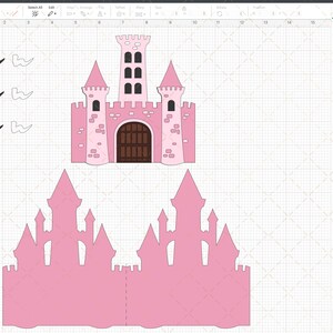 May include: A pink paper castle craft project with a front and back piece. The castle has a tall tower with three windows and a brown door. The castle is designed to be folded and assembled.