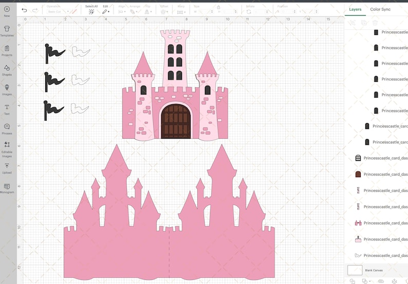 May include: A pink paper castle craft project with a front and back piece. The castle has a tall tower with three windows and a brown door. The castle is designed to be folded and assembled.