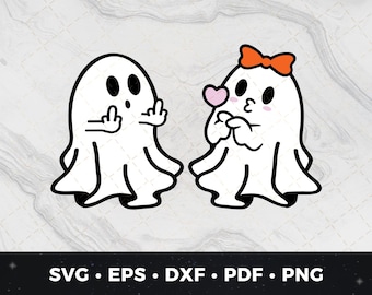 May include: Two cartoon ghosts, one with a red bow and a pink heart, the other with a middle finger gesture. The ghosts are white with black outlines.
