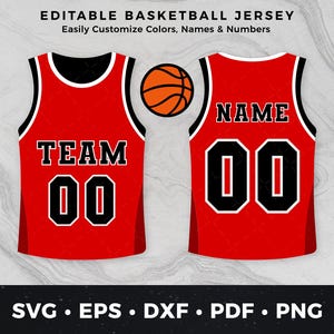 Puede incluir: Diseño de camiseta de baloncesto roja con detalles en negro y blanco. La parte delantera de la camiseta dice "TEAM" encima del número "00". La parte trasera de la camiseta tiene la palabra "NAME" encima del número "00". La imagen también incluye un balón de baloncesto y el texto "EDITABLE BASKETBALL JERSEY".
