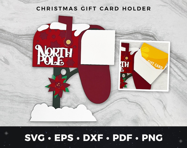 May include: Red and white Christmas mailbox with a white "North Pole" sign and a red poinsettia. The mailbox has a white envelope with a yellow gift card inside. The mailbox is a gift card holder.