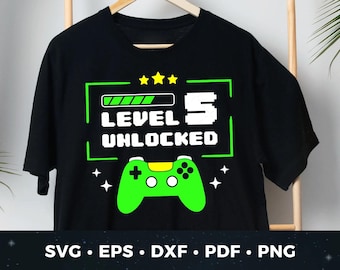 Nivel 5 desbloqueado svg, camiseta de quinto cumpleaños svg, camiseta de cumpleaños de jugador svg, camiseta de cumpleaños de videojuego svg, cumpleaños de nivel desbloqueado svg, pdf, png