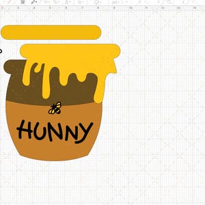 May include: A brown honey pot with a yellow lid and dripping honey. The pot has the word "HUNNY" written on it. There are three black and yellow bees flying around the pot.