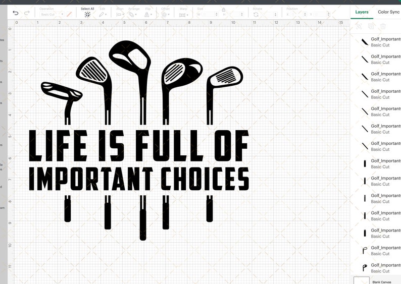 Może przedstawiać: Czarno-biały projekt graficzny z pięcioma kijami golfowymi i tekstem "LIFE IS FULL OF IMPORTANT CHOICES".