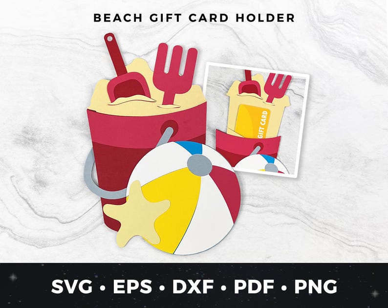 Puede incluir: Un porta tarjetas de regalo de cubo de playa rojo y blanco con una pelota de playa, una pala y un rastrillo. El cubo tiene una ranura para una tarjeta de regalo. El texto "GIFT CARD" es visible en la tarjeta de regalo.