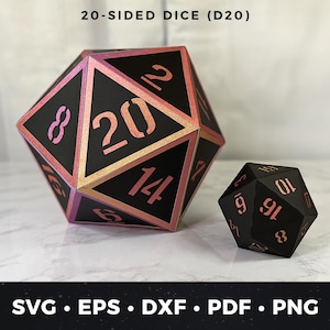Op de afbeelding: Twee zwarte 20-zijdige dobbelstenen (D20) met roze en gouden accenten. De grotere dobbelsteen heeft het nummer 20 prominent weergegeven. De tekst "20-SIDED DICE (D20)" staat bovenaan. De onderkant van de afbeelding bevat de tekst "SVG • EPS • DXF • PDF • PNG".