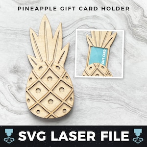 May include: A wooden pineapple gift card holder with a slot for a gift card. The pineapple is detailed with a textured surface and a carved design. The holder is ready to be cut with a laser cutter.