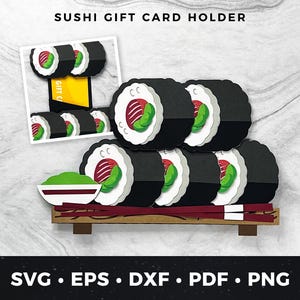 Portatarjetas de regalo de sushi SVG, Portatarjetas de regalo japonesas SVG, Portatarjetas de regalo para amantes de la comida, Tarjeta de sushi DIY, Portatarjetas de regalo de cocina asiática PDF, Sushi