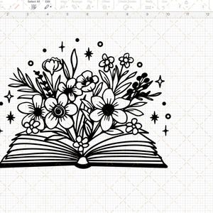 May include: A black and white illustration of an open book with a bouquet of flowers bursting out of it. The flowers are stylized and include various shapes and sizes. There are also small stars scattered around the book and flowers.