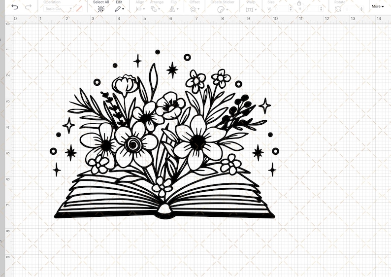 May include: A black and white illustration of an open book with a bouquet of flowers bursting out of it. The flowers are stylized and include various shapes and sizes. There are also small stars scattered around the book and flowers.