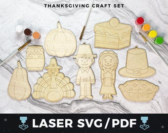 Thanksgiving Ornament Set Laser SVG, Fall Decor Cut File, Thanksgiving Laser Wood Ornaments, Kids Thanksgiving Craft, Holiday Party Decor