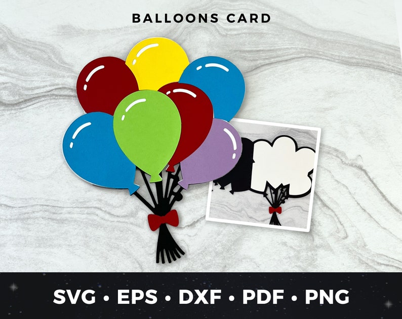 Pu&ograve; includere: Un ritaglio di carta di un bouquet di palloncini con un fiocco rosso. I palloncini sono nelle tonalit&agrave; di blu, verde, giallo, rosso e viola. Una carta pi&ugrave; piccola a forma di nuvola &egrave; accanto al bouquet. Il testo "BALLOONS CARD" &egrave; in alto.