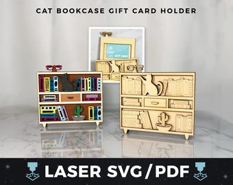 Cat Bookcase Gift Card Holder Laser SVG, Book Lover Gift, Teacher Gift Card Holder, Librarian Gift, Bookish Gift, Laser Cut Wood File