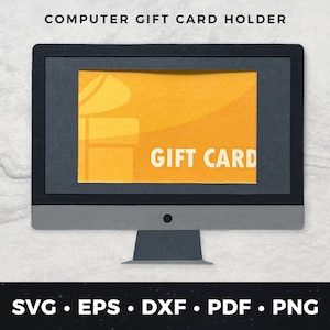 May include: A black computer monitor with a yellow gift card inside the screen. The gift card says "Gift Card".