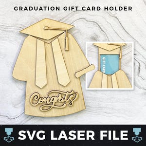 May include: Wooden graduation cap gift card holder with the word "Congrats" engraved on the front. The holder is designed to hold a gift card inside the cap.