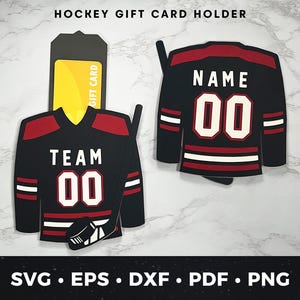 May include: Black and red hockey jersey gift card holders. One jersey reads "TEAM 00" and the other reads "NAME 00". A gift card is visible in the holder. The words "HOCKEY GIFT CARD HOLDER" are at the top.