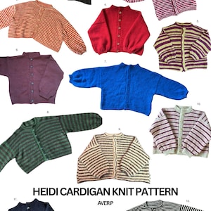 May include: A collection of twelve knitted cardigan sweaters in various colors and striped patterns. The image includes a navy blue, red, and blue cardigan. The text "HEIDI CARDIGAN KNIT PATTERN" is visible.