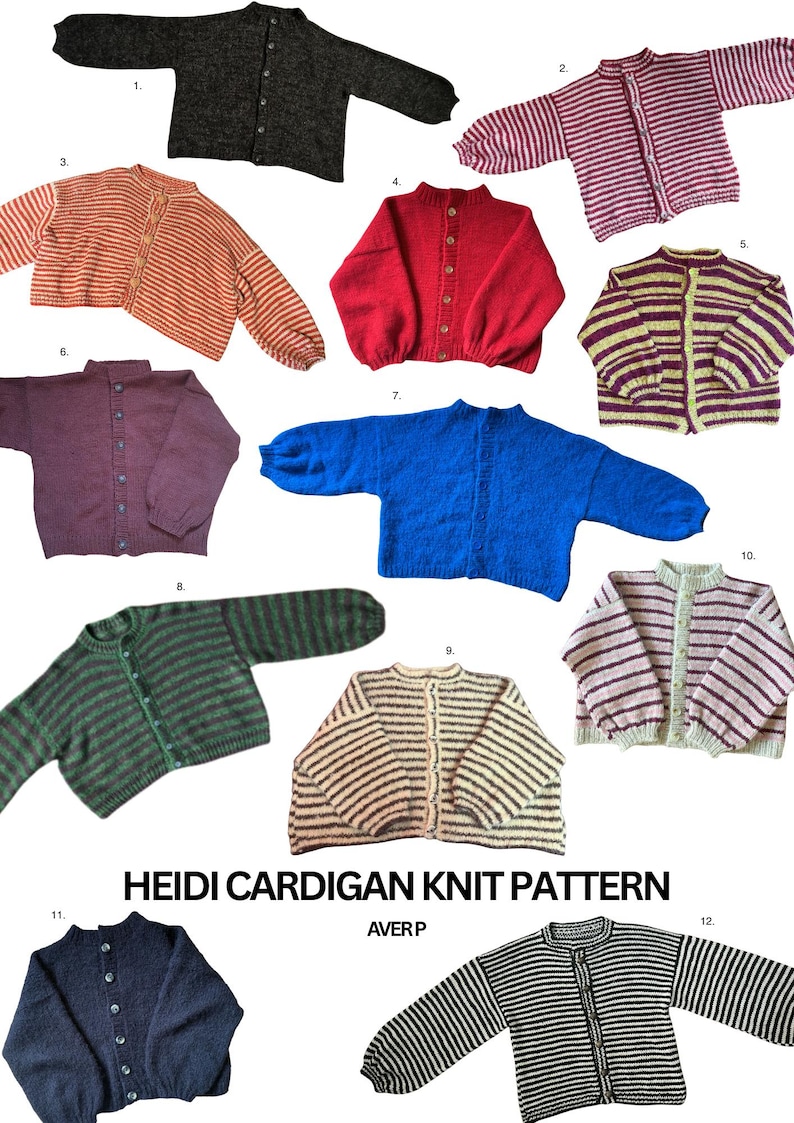 May include: A collection of twelve knitted cardigan sweaters in various colors and striped patterns. The image includes a navy blue, red, and blue cardigan. The text "HEIDI CARDIGAN KNIT PATTERN" is visible.