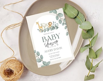 Invito per baby shower con animali selvatici adorabili - Modello per baby shower personalizzabile - Genere neutro