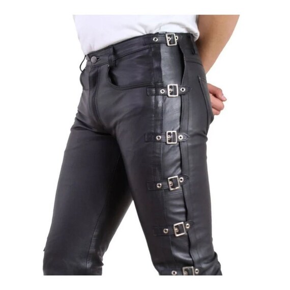 Mens Leather Pants Handmade Side Buckle 