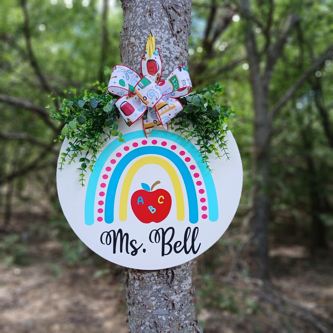 Personalized Classroom Door Sign: Rainbow Apple Teacher Wreath - Etsy