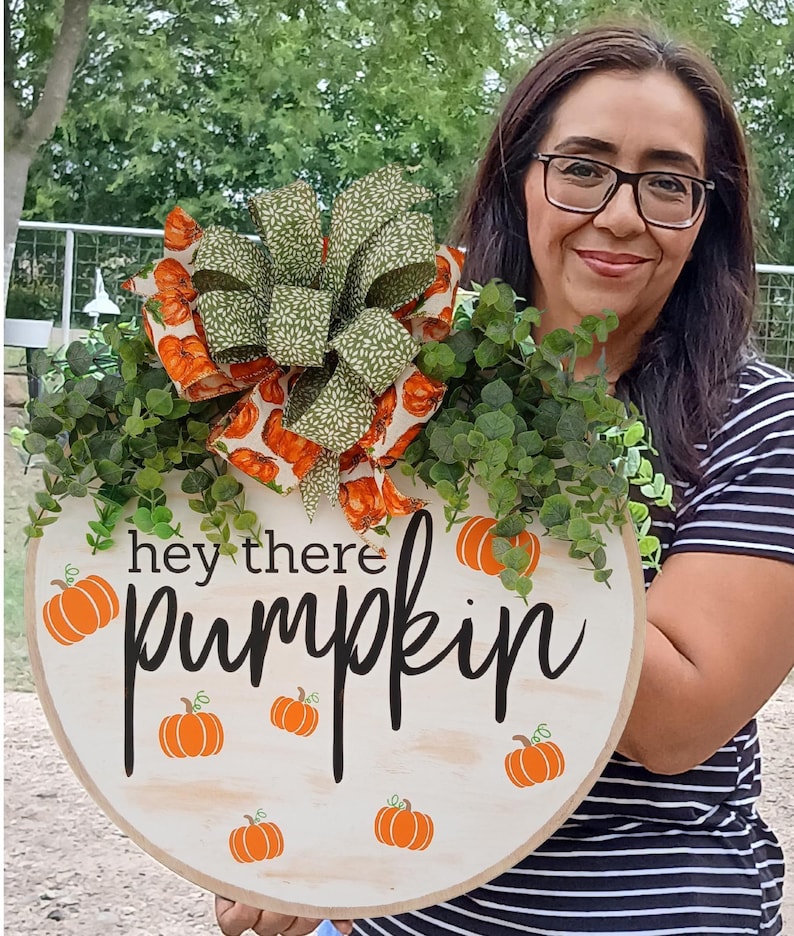 Front Fall Door Sign | Front Door Fall Wreath/ Pumpkin Welcome Hanger/ Fall Door Hanger/ Front door sign f Hey there pumpkin Hanger | Autumn image 1