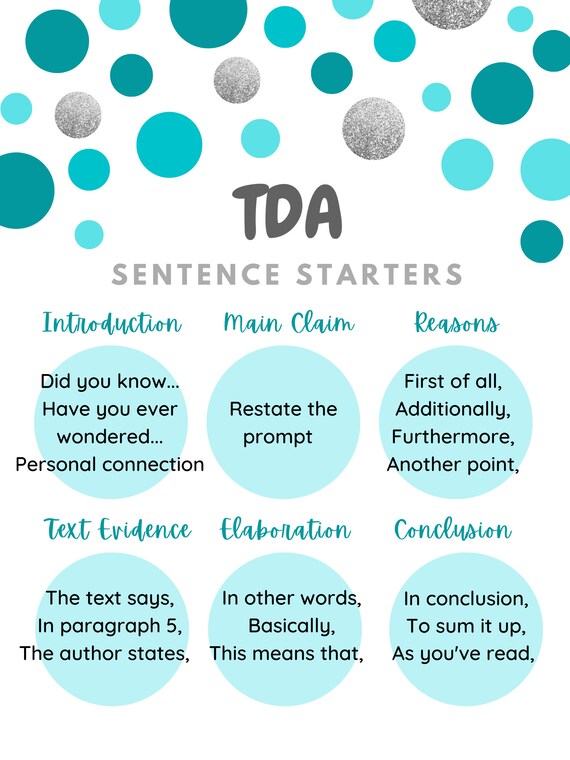 TDA Sentence Starters Anchor Chart Etsy