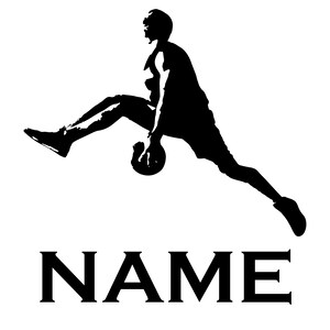 Jugador de baloncesto salta calcomanía de pared personalizada - jugador de baloncesto etiqueta de la pared con signo de nombre - nombre personalizado decoración de la pared juego de baloncesto