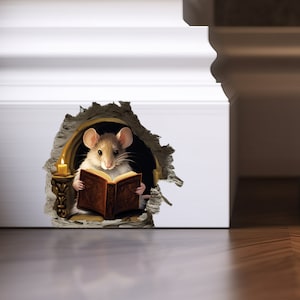 Mouse Hole Wall Decal 3d Mouse Wall Stickers Mouse Decals Mouse Hole Mouse Reading Book in Wall 3d Sticker Mouse in The Wall Decal