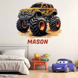 May include: A yellow monster truck with black tires and flames on the side. The truck is on a tan background with the name "MASON" written in red below it.
